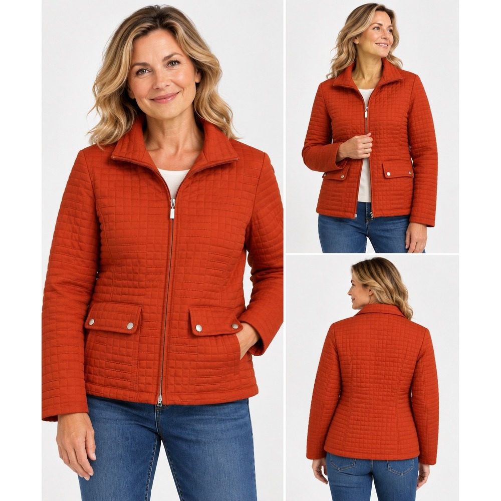 Keren Hart Burnt Orange Quilted Zip Up Jacket Small Geometric Stitch Pockets